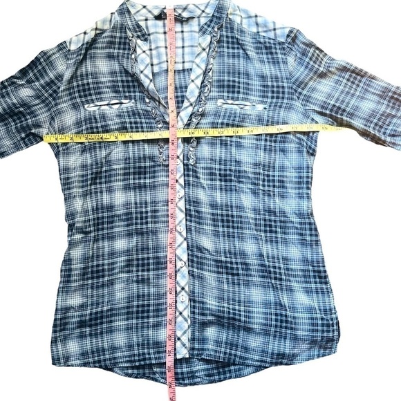 ZARA Woman plaid button down shirt vneck 2 front pockets 3/4 length sleeves SZ S - Picture 10 of 12